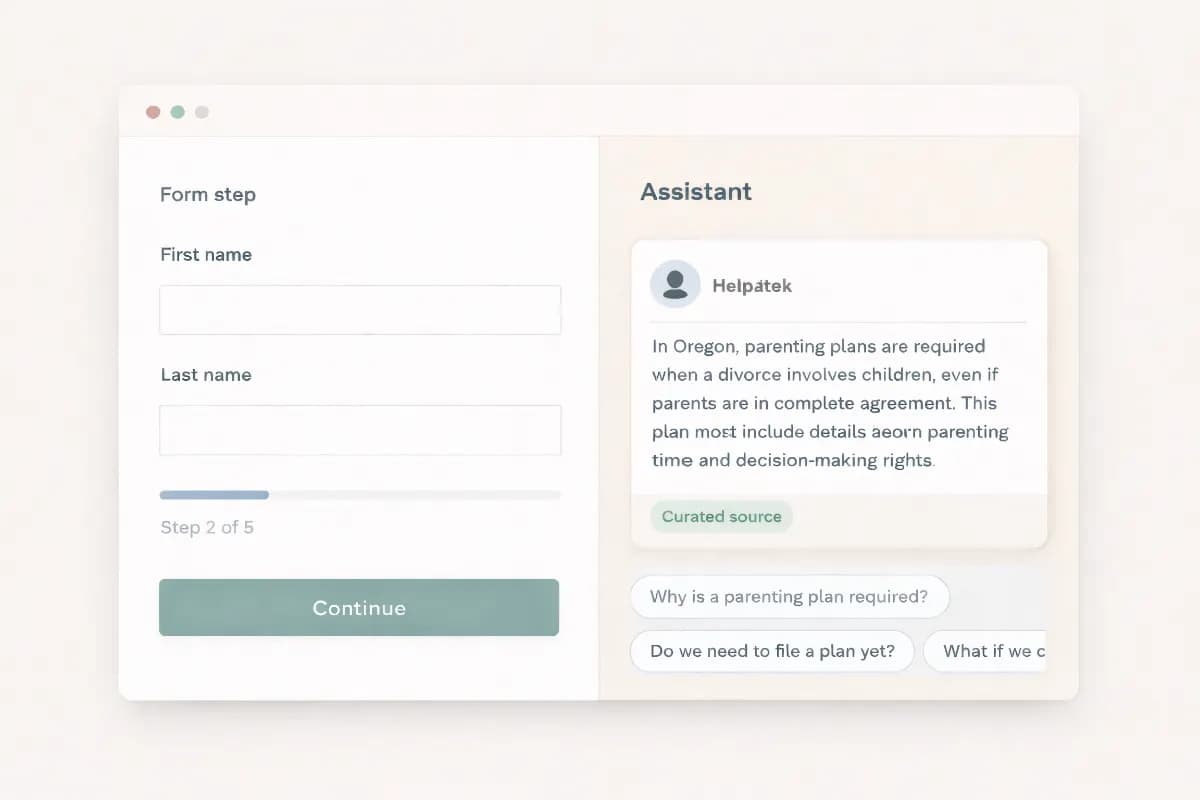 Unlink Legal guided support panel showing in-workflow assistance during the divorce interview