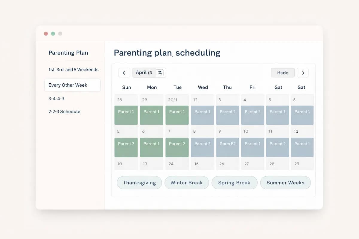 Unlink Legal parenting plan builder showing a custom parenting schedule with holiday assignments