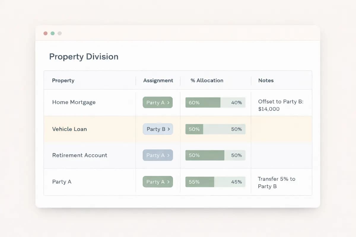 Unlink Legal property division tool showing assets and debts with percentage allocations and offset calculations