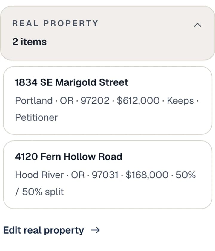 Illustrative property review showing real property and its allocation