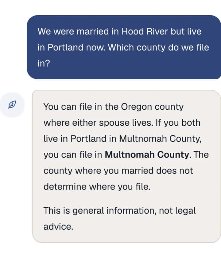 Illustrative Sage conversation about choosing the Oregon county for filing
