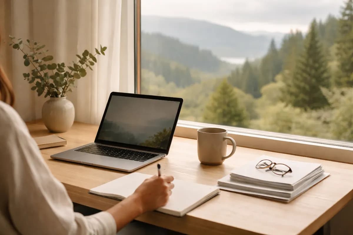 A calm workspace with natural light and a view of Oregon landscapes — representing the guided divorce process