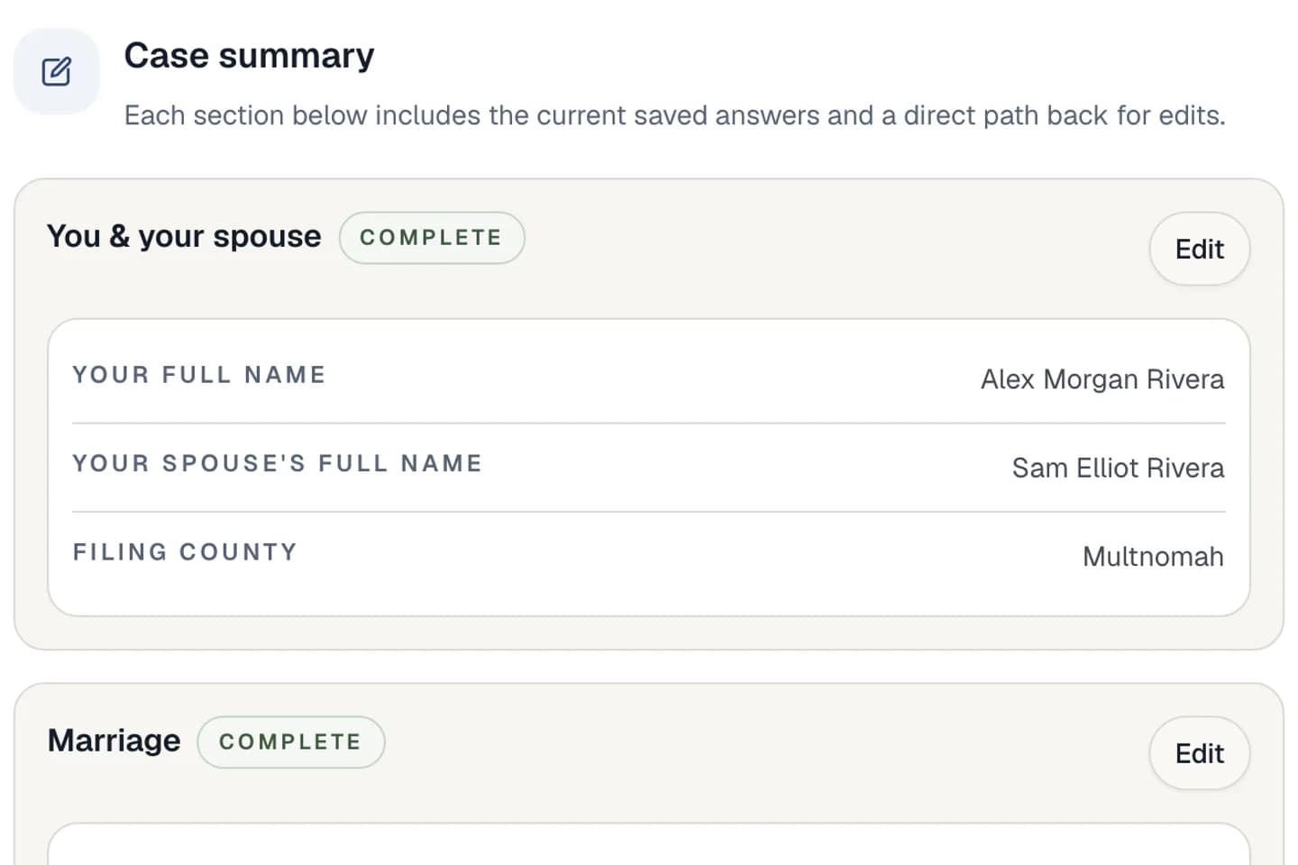 The Unlink Legal review checkpoint, showing an Oregon case summary with the spouses' names, filing county and marriage details saved and marked complete