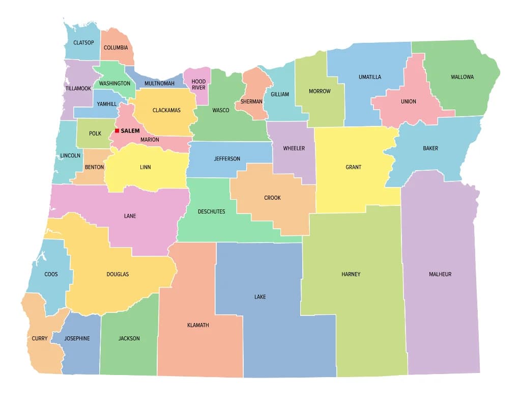 Map of all 36 Oregon counties
