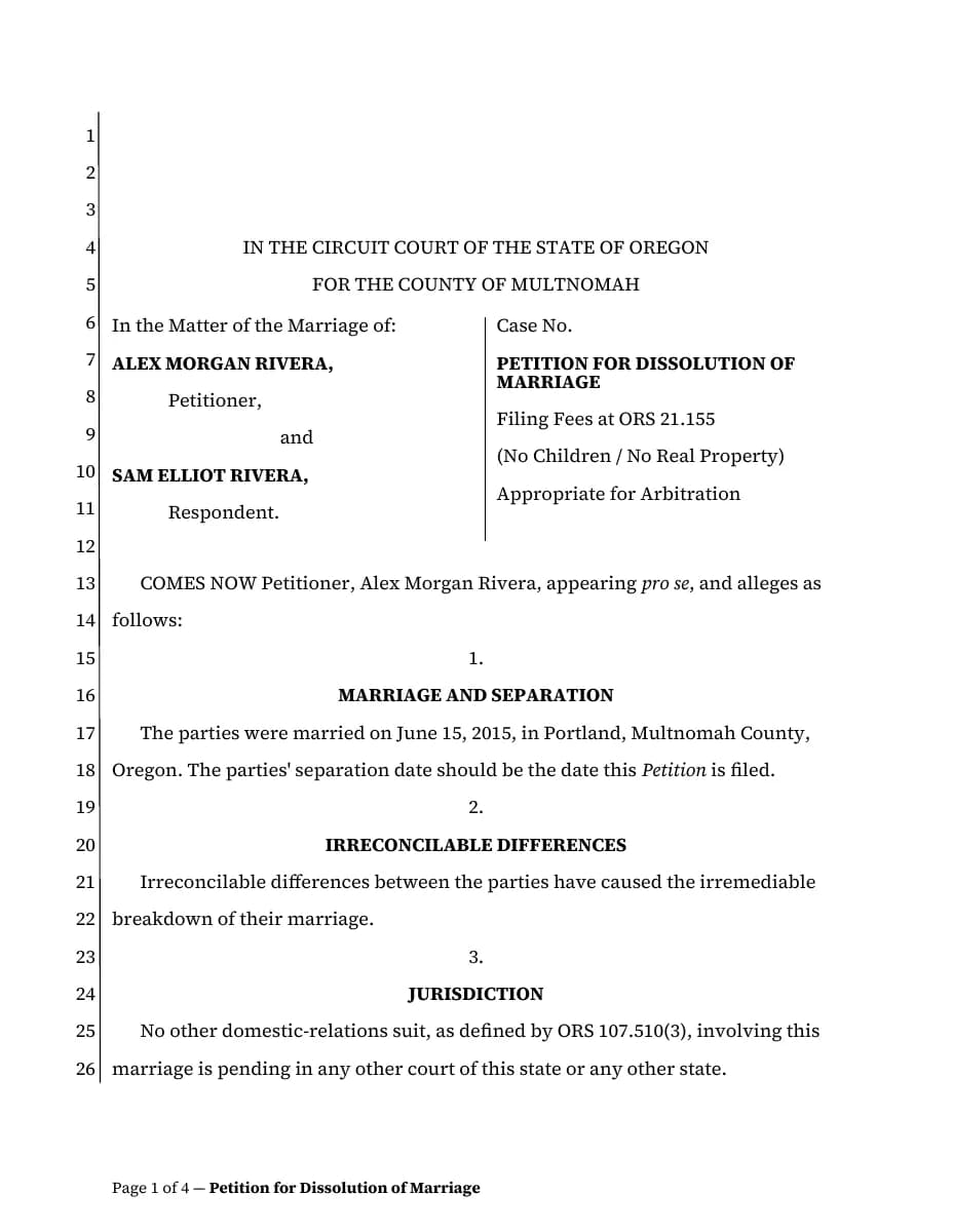 First page of a sample Oregon petition for dissolution, prepared by Unlink’s document engine