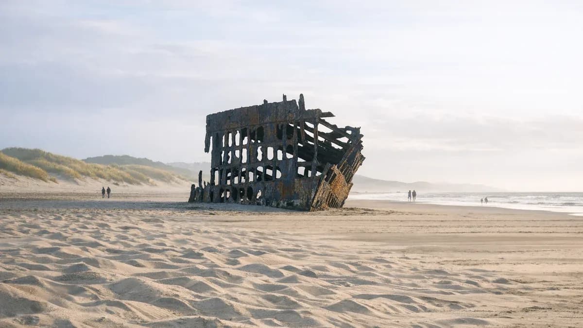 Shipwreck of the Peter Iredale on the beach at Fort Stevens State Park in Clatsop County, Oregon