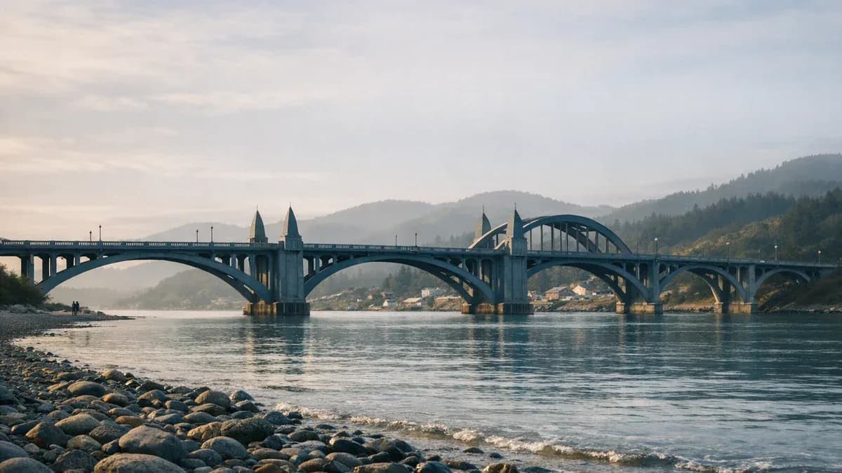 View of the Rogue River Bridge and shoreline in Gold Beach, Oregon