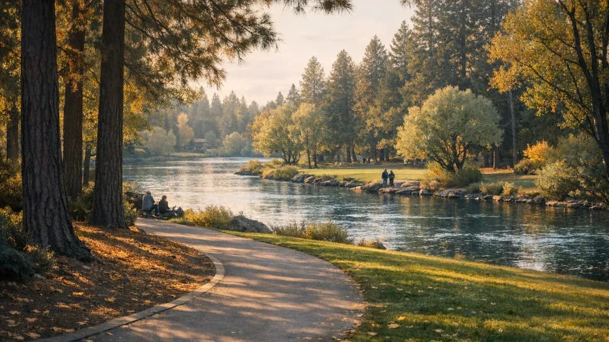 Late afternoon light on the Deschutes River running through Drake Park in Bend, Oregon