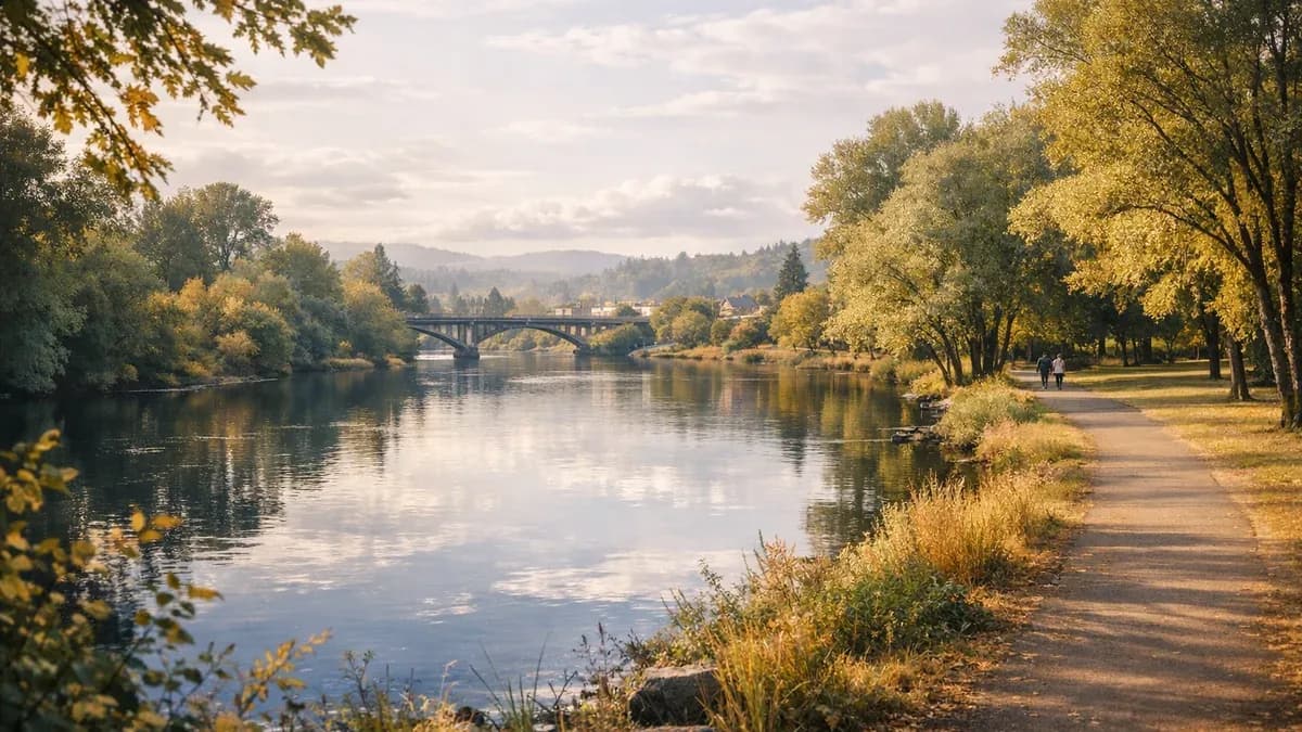 Evening light over the South Umpqua River and downtown Roseburg, Oregon