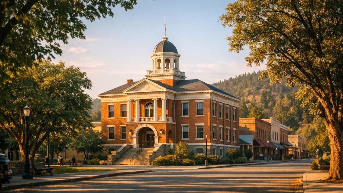 Historic Grant County Courthouse in Canyon City, Oregon, with brick facade and surrounding eastern Oregon streetscape