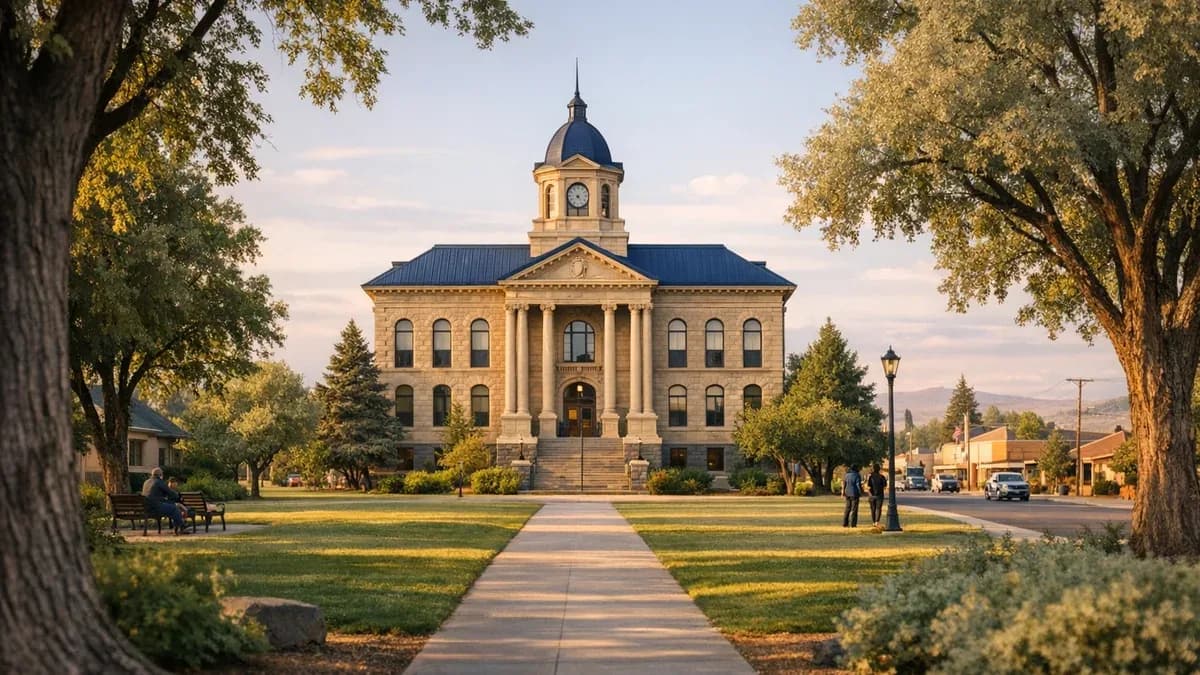 Evening light over the Harney County Courthouse lawn in Burns, Oregon