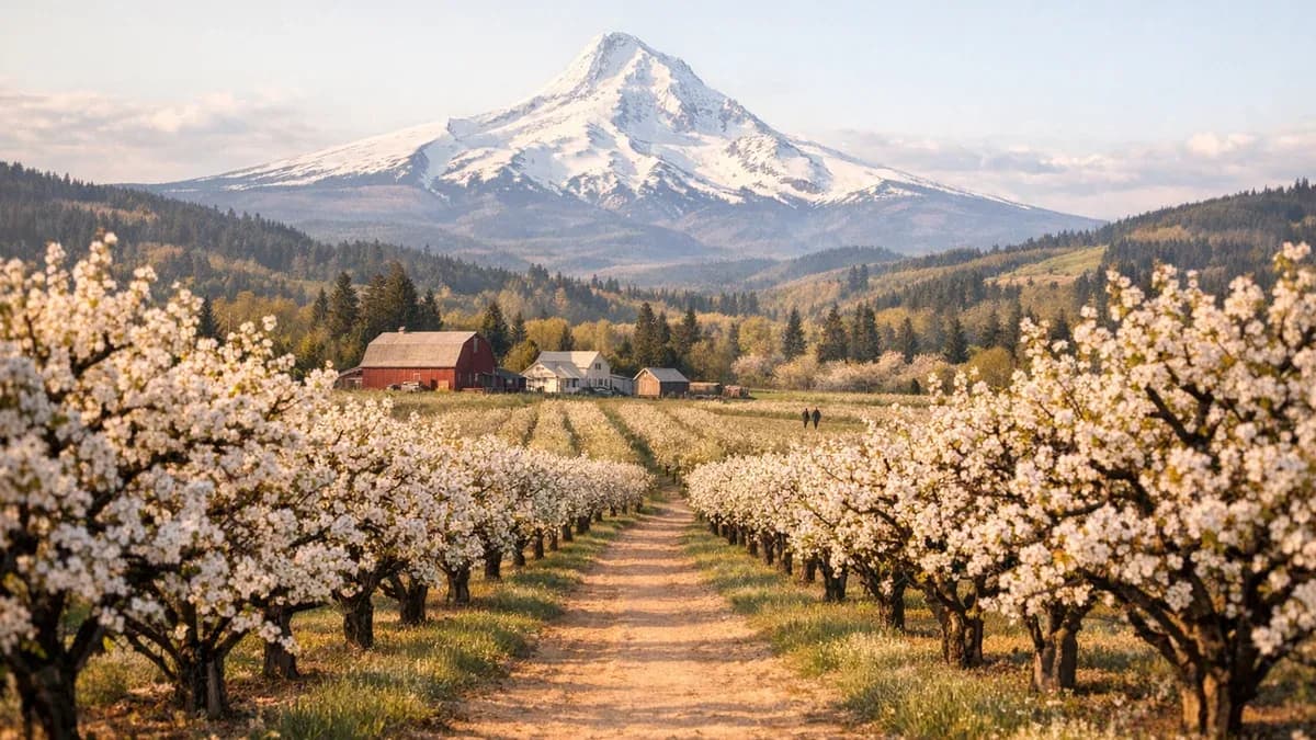 Spring orchard blossoms with Mount Hood rising above the Hood River Valley near Parkdale, Oregon