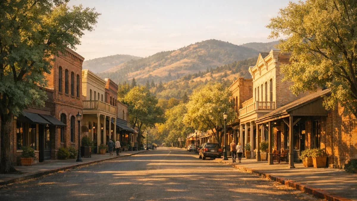 Early evening view of downtown Jacksonville, Oregon, with historic brick buildings and tree-lined streets in Jackson County