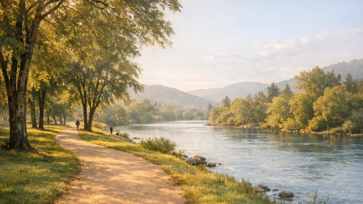 Sunlit view of the Rogue River flowing past Riverside Park in Grants Pass, Oregon
