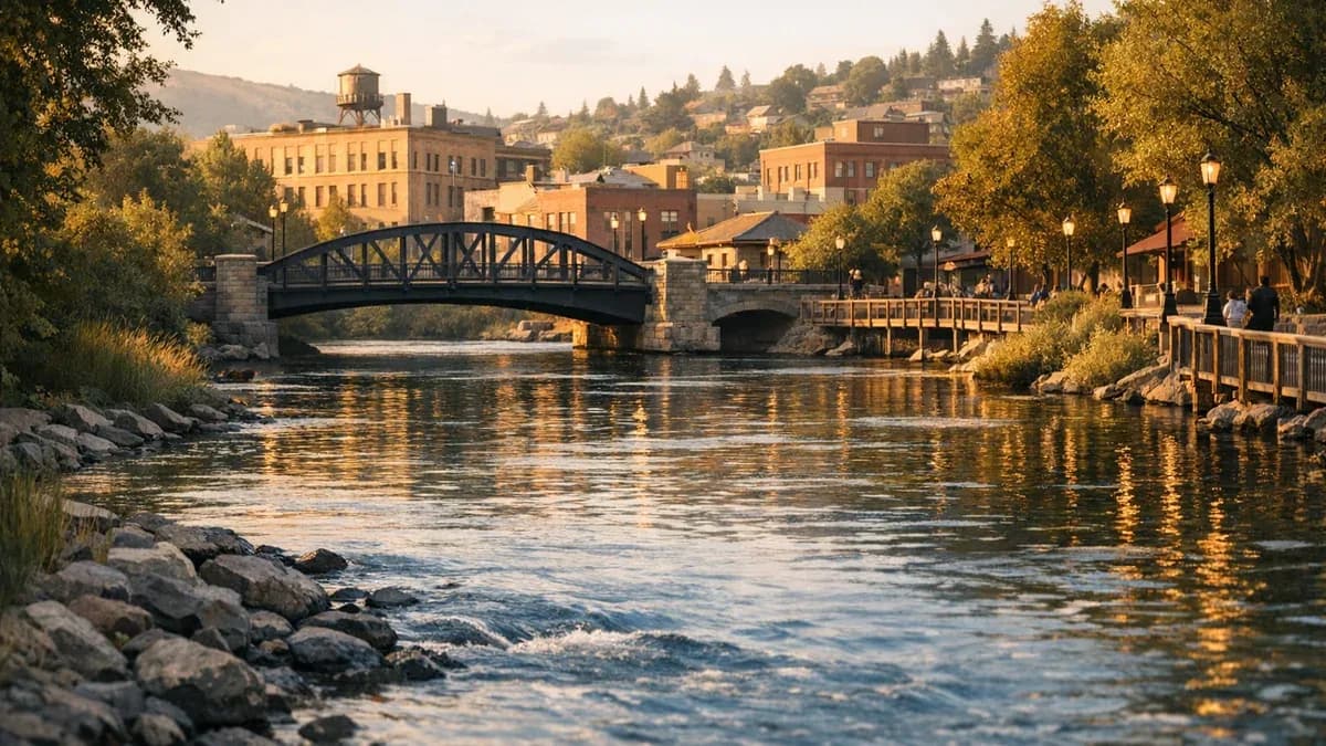Evening light over the Link River and downtown Klamath Falls in Klamath County, Oregon