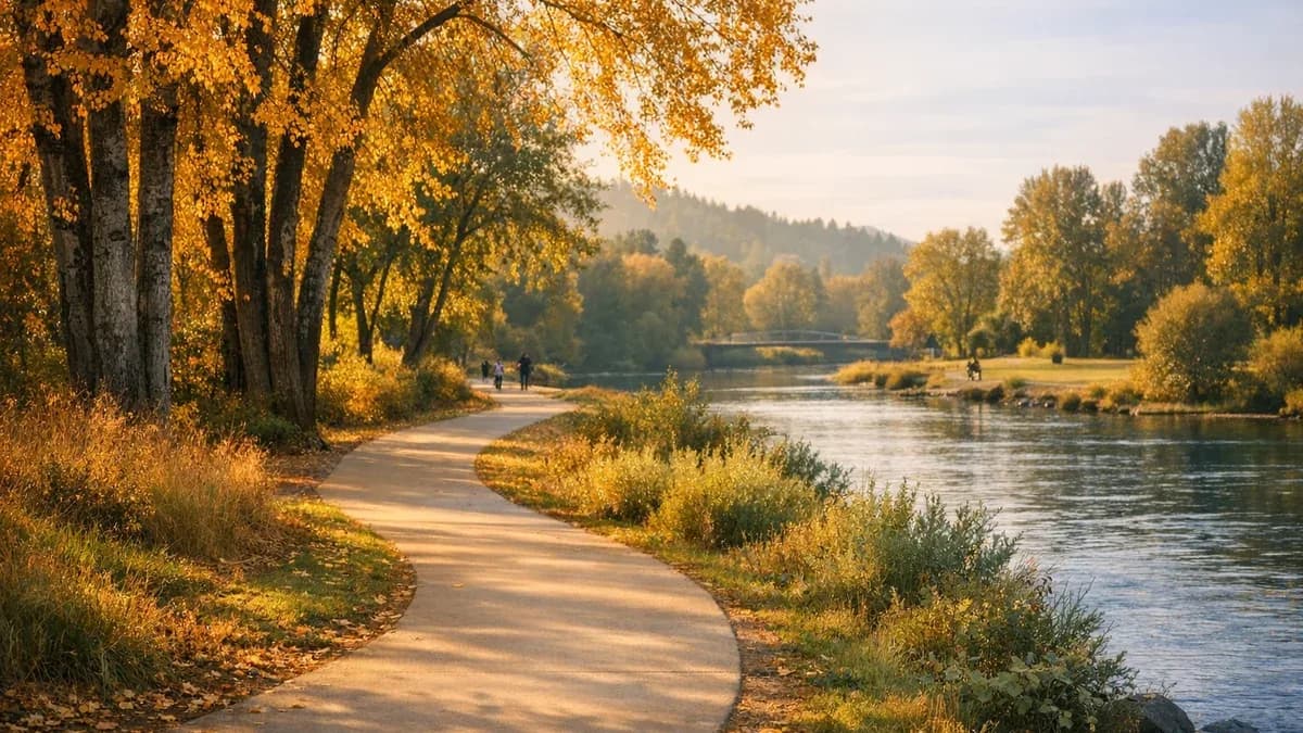 Autumn view of the Willamette River and footbridges near downtown Eugene in Lane County, Oregon