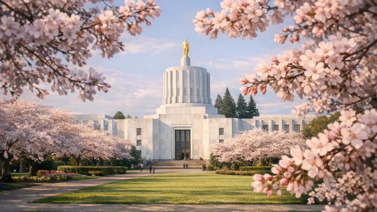 Cherry blossoms near the Oregon State Capitol in Salem, Oregon