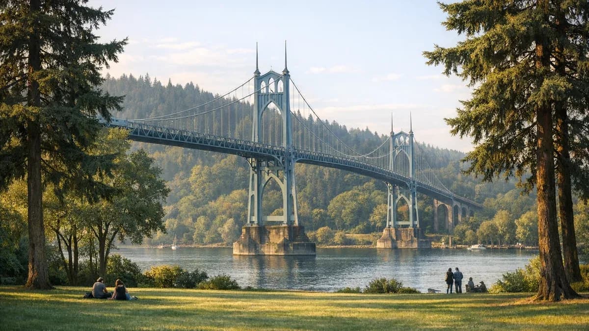View of the St. Johns Bridge spanning the Willamette River in Portland, Oregon
