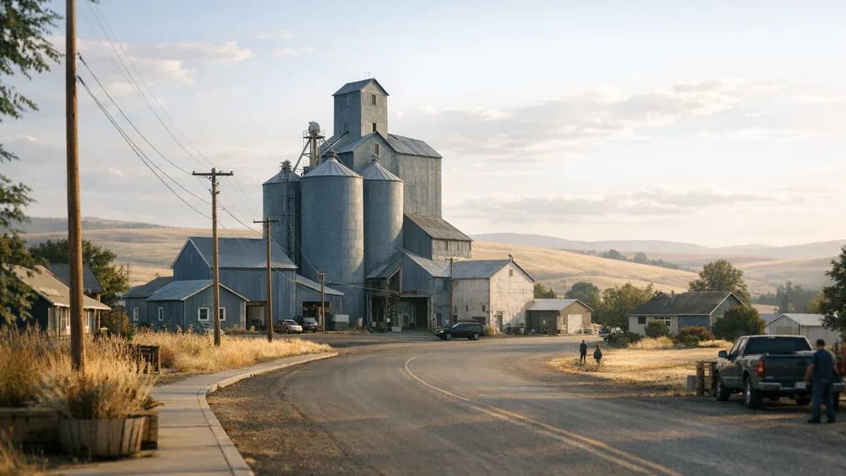 Golden wheat fields rolling toward the town of Moro in Sherman County, Oregon