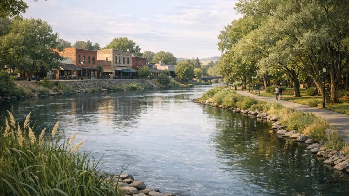 View of the Umatilla River flowing through Pendleton, Oregon, with cottonwoods and the downtown area in the distance