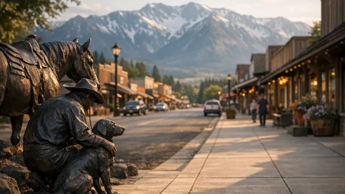 Late afternoon light on the bronze sculptures and mountain backdrop at the head of Main Street in Joseph, Oregon