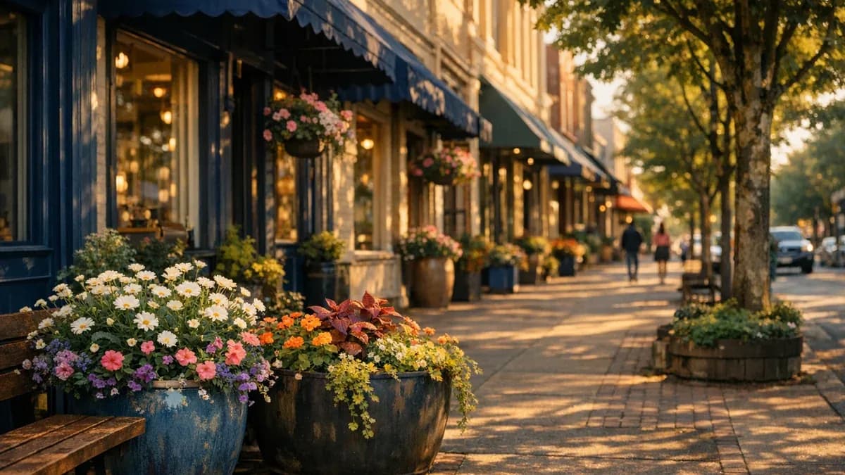 Late afternoon view of Third Street storefronts in downtown McMinnville, Oregon