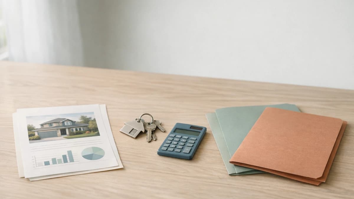 House keys, folders, and a calculator arranged on a light wood table by a window.