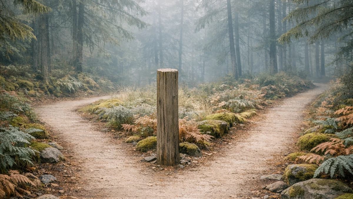 A quiet forest trail splits into two paths beneath soft overcast light.