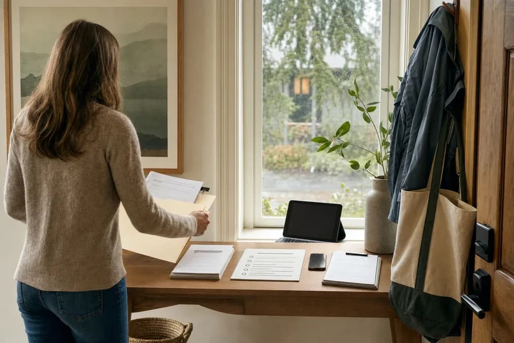 A person at a kitchen table uses a laptop with papers nearby while preparing to file Oregon divorce documents online.