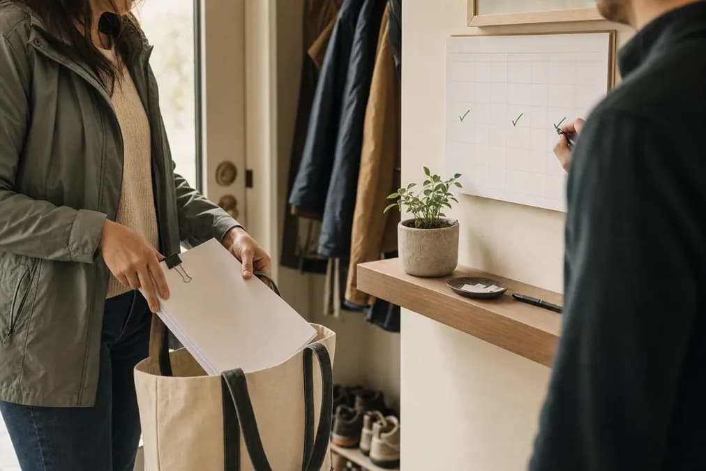 Two people organize papers and check a calendar at a kitchen table while preparing for an Oregon uncontested divorce timeline.