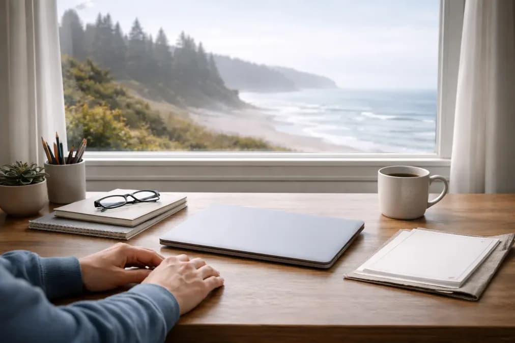 A calculator, envelope, coins, and folded cash sit on a softly lit kitchen counter.