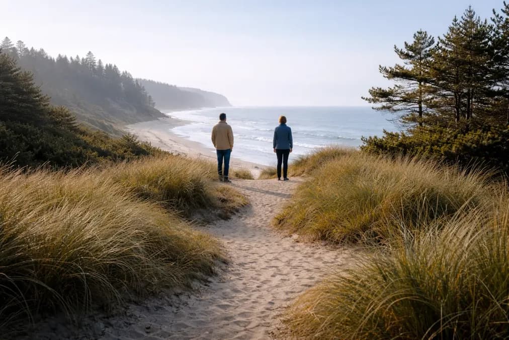 A laptop, earbuds, tea, and a small plant sit on a home desk by a window.