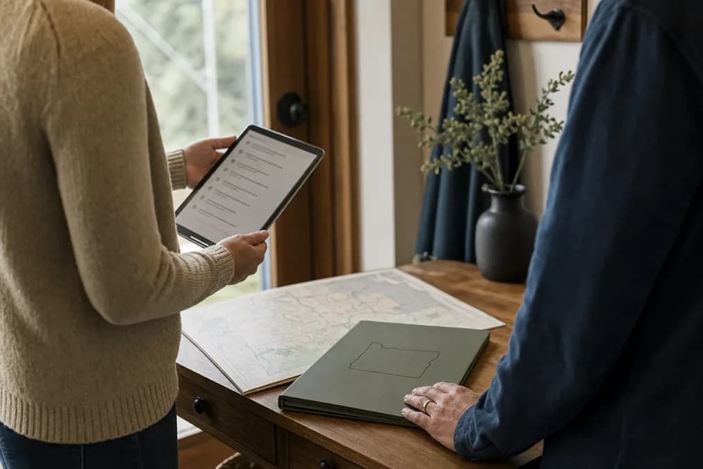 Two people sit at a kitchen table in Oregon reviewing an online divorce process together on a laptop.