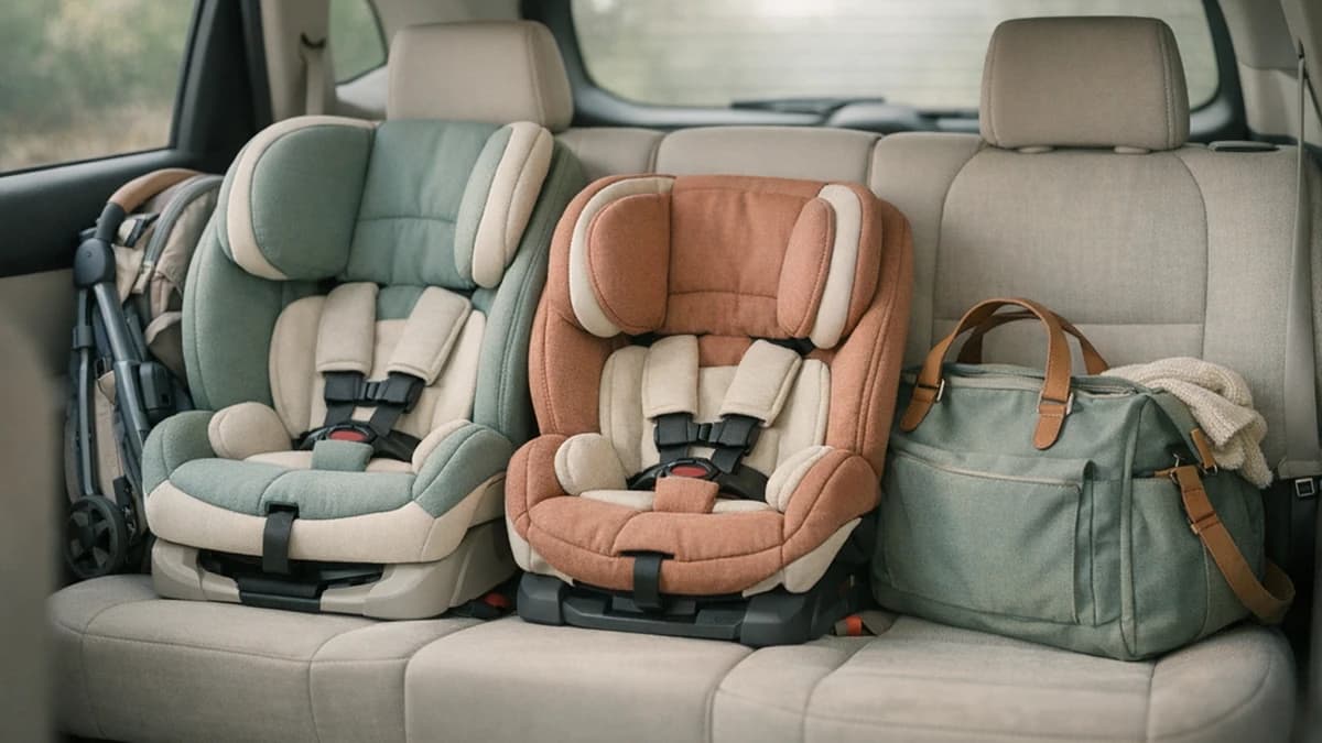 Two child seats and a diaper bag are visible in the back seat of a car.