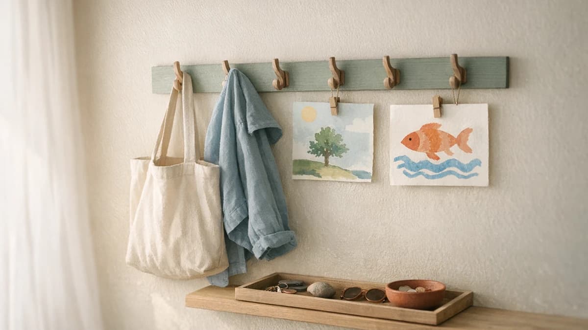 A hallway wall has hooks, a tote bag, clipped children’s art, and a tray below.