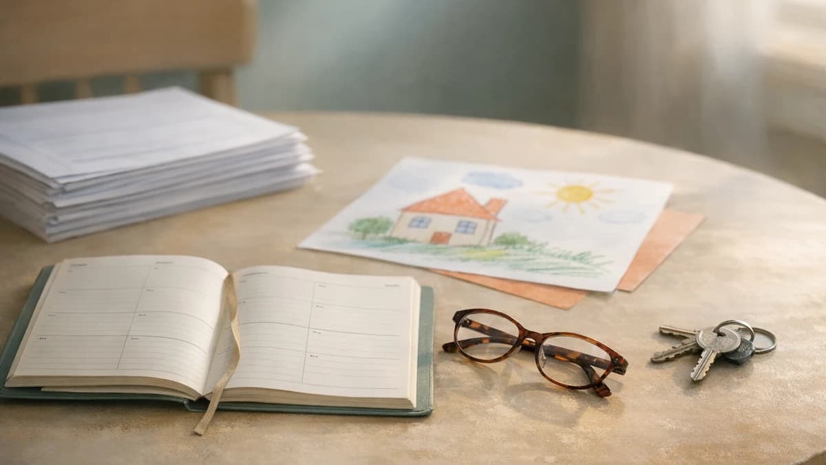 A table holds paper forms, a planner, house keys, glasses, and a child's drawing in soft morning light.