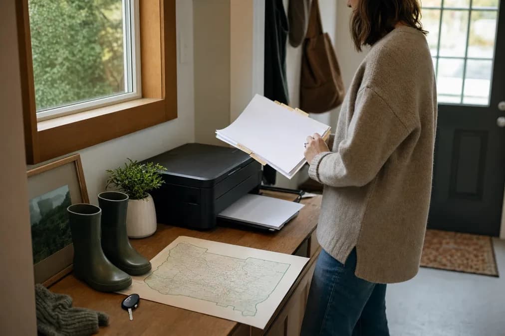 A person reviews divorce paperwork on a laptop at a kitchen table with a folder, papers, and a rain jacket nearby.
