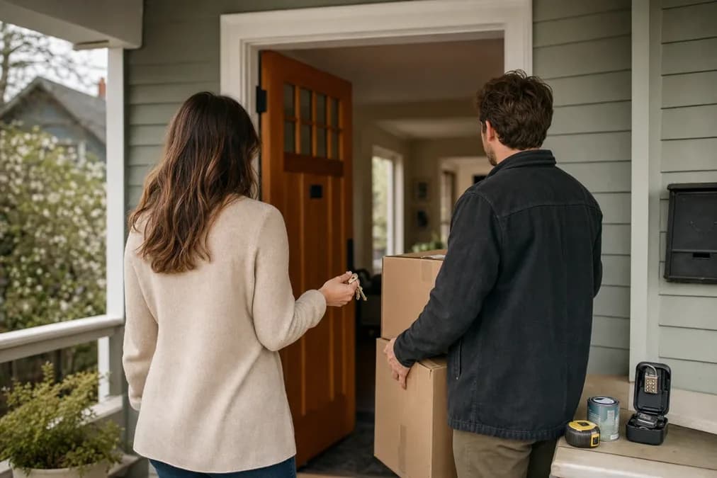 Two people at a kitchen island review house-related divorce planning on a laptop beside a key, calculator, and papers in an Oregon home.