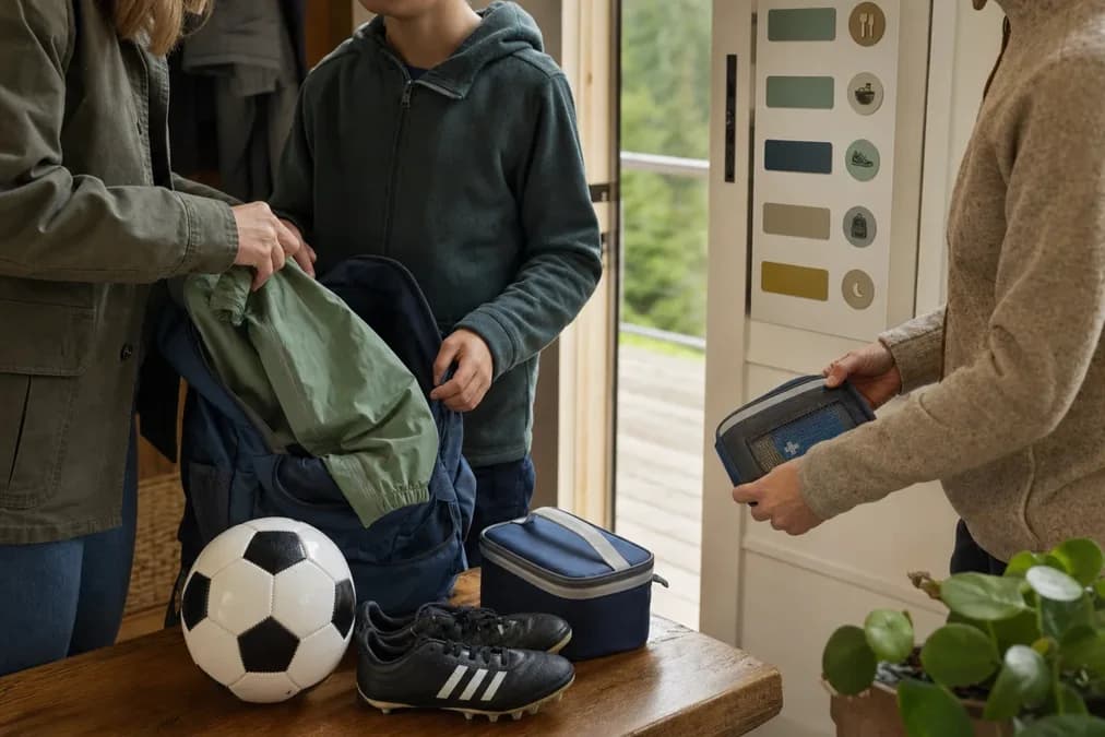 A parent organizes a family schedule at a kitchen table with a child’s backpack nearby.