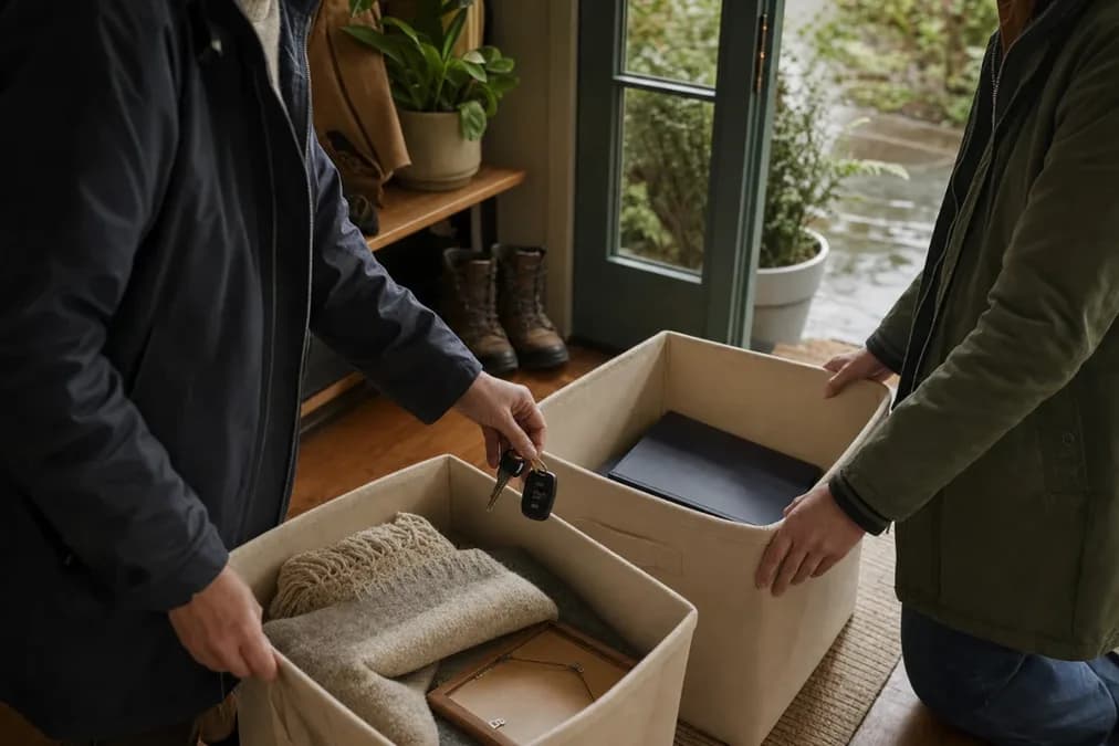 Two people sit at a kitchen table with a laptop and personal items, calmly organizing an uncontested Oregon divorce without children.