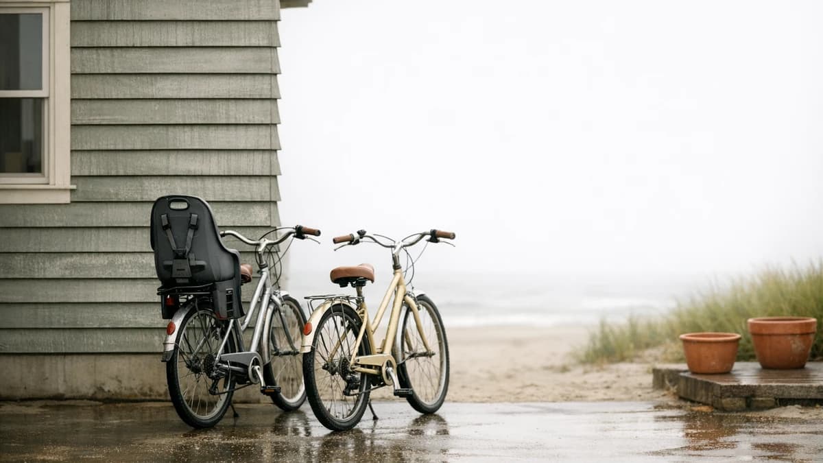 Two bicycles are parked side by side outside a quiet home.