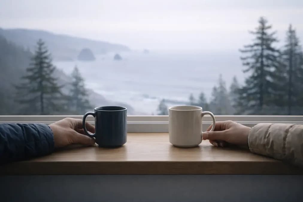 Two mugs and two small trays sit apart on a light wood sideboard.