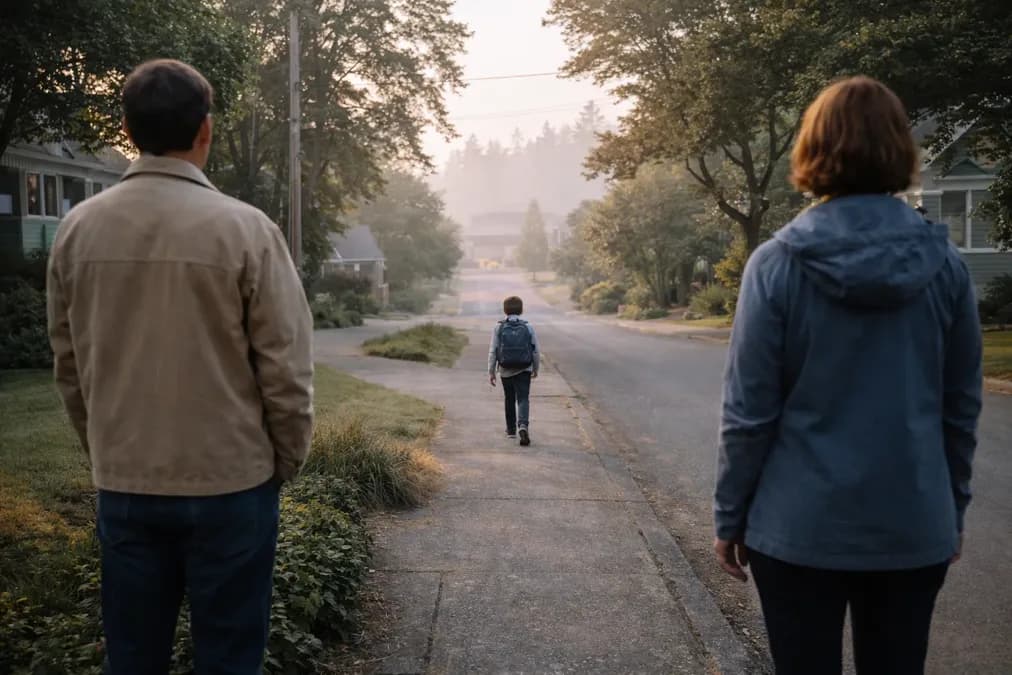 A shared family calendar, keys, backpack, and lunchbox sit on a sunlit kitchen table.