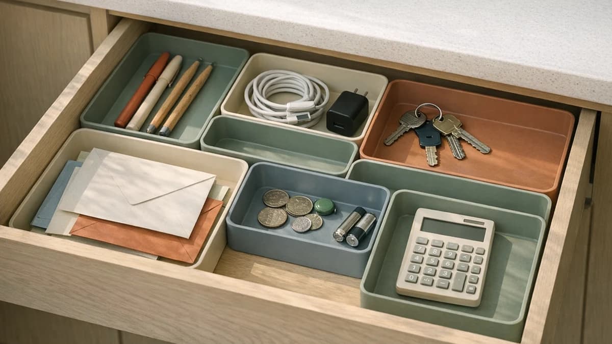 An organized drawer holds pens, envelopes, keys, chargers, and a calculator.