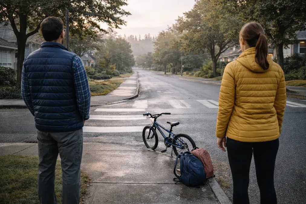 An overhead view of a table with a family calendar, school items, backpack, and two sets of keys.
